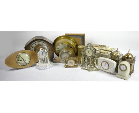 Three boxes of early 20th Century and later mantel clocks and barometers to include a Victorian marble 8 day clock, oak cased