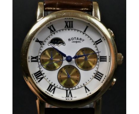 Rotary, A gilt metal automatic calendar and moonphase gentleman's wristwatch, ref GS03086/01(12566), white dial, three subsid