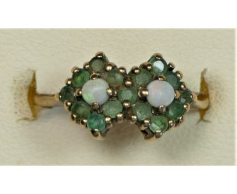 A 9ct gold opal and emerald double cluster ring, K 1/2, 1.9gm 