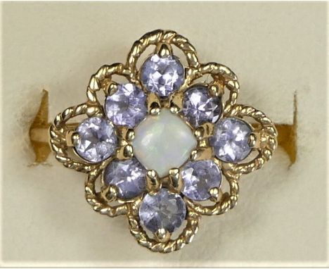 A 10K gold, opal and tanzanite cluster ring, K, 3.2gm 