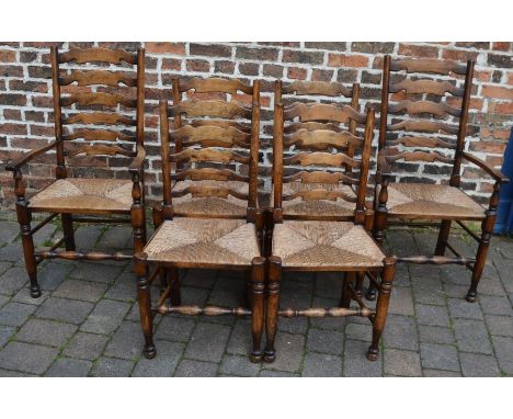 Six reproduction Georgian ladder back chairs with rush seats, including two carvers&nbsp;