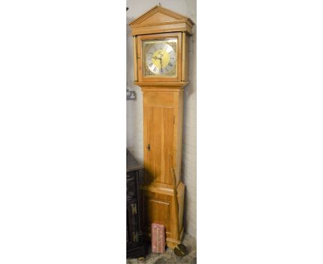 Modern hand made longcase clock in an oak case with a 3 weight driven movement Ht 211cm