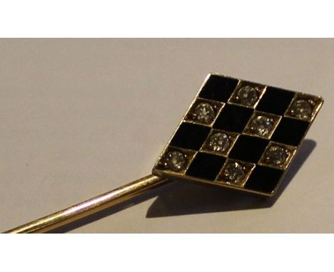 Tested as 18ct gold stick pin set with diamonds &amp; black enamel in a checker board pattern 3.7g with box