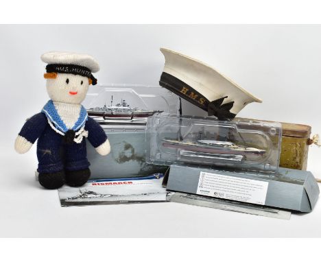 A BOX CONTAINING VARIOUS MILITARY ITEMS (NAVAL INTEREST), to include two De-agostini scale models of HMS Hood and the German 