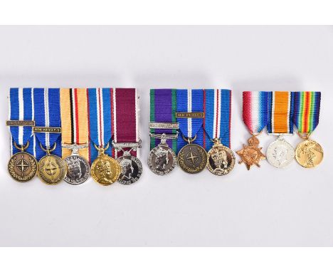 THREE MINIATURE GROUPS OF MEDALS, WW1 Trio on a bar (modern), QEII Nato Kosovo, Nato Non article 5, Iraq, Golden Jubilee &amp