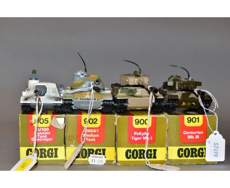 FOUR BOXED CORGI TOYS TANKS, PzKpfw Tiger Mk.I, No.900, Centurion Mk.III, No.901, M60A1 Medium Tank, No.902 and  SU100 Russia