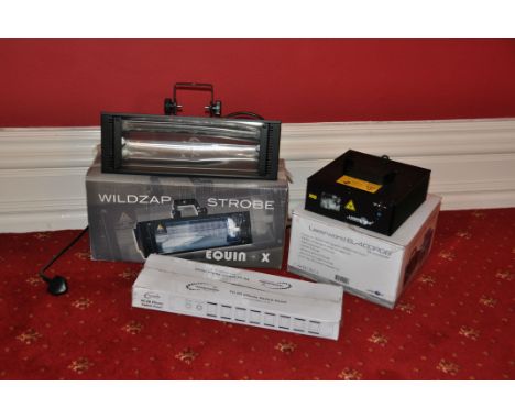 AN EQUINOX WILDZAP STROBE LIGHT in box. a Laserworld EL400RGB show laser ( both PAT pass and working), a unopened boxed Trans