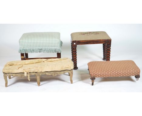 A 19TH CENTURY FAUX ROSEWOOD PAINTED FOOTSTOOL (4)On bobbin turned supports, 50cm wide; 40cm high, a French green painted foo