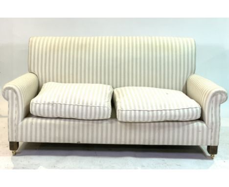 A 20TH CENTURY CREAM AND GREY STRIPED UPHOLSTERED SOFA180cm wide.