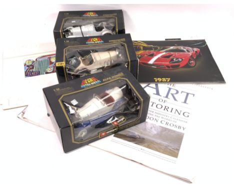 THREE BURAGO, DIE-CAST METAL MODEL CARS, BOXED (7)And four modern automobile calendars