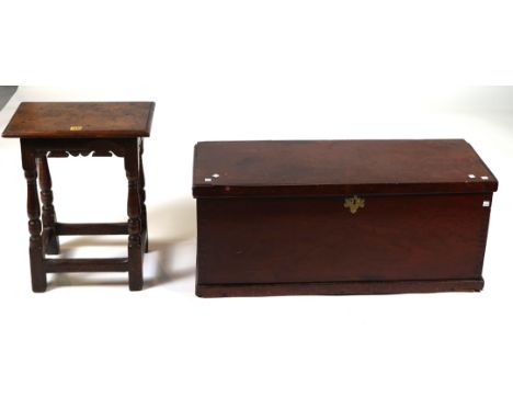 A 18TH CENTURY AND LATER OAK JOINT STOOL (2)43cm wide; 55cm high, and a late 18th century oak trunk, 93cm wide; 40cm high