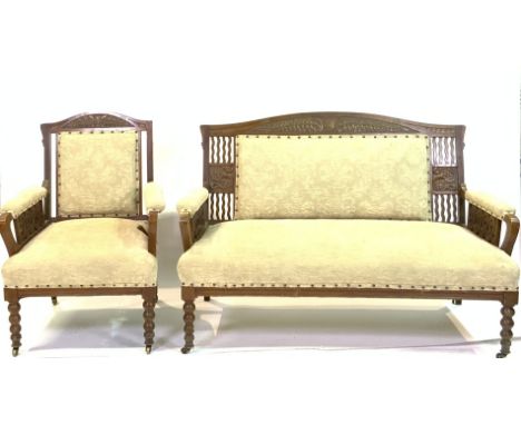 A LATE 19TH CENTURY MAHOGANY FRAMED TWO SEATER SOFA (2)140cm wide; 90cm, and a matching armchair on bobbin turned supports, 6