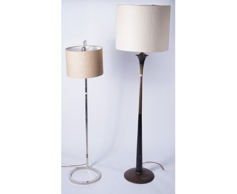 A BRASS AND BLACK LACQUERED FLOOR STANDING LAMP (2)Circa 1960, with cylindrical shade, enclosing an up-lighter and three othe