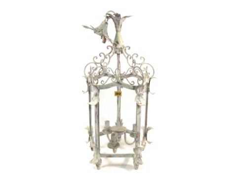 A MODERN WHITE PAINTED METAL AND GLASS PENTAGANOL HANGING LANTERN70CM TALL X 32CM WIDE