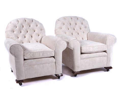 A PAIR OF EARLY 20TH CENTURY BUTTON BACK EASY ARMCHAIRS (2)85cm wide; 88cm highCondition report:&nbsp;Reupholstered in a crea