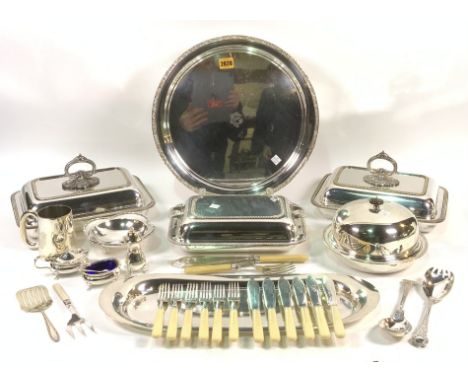 SILVER PLATED ITEMS INCLUDING, ENTREE DISHES, TRAYS, FLATWARE AND SUNDRY