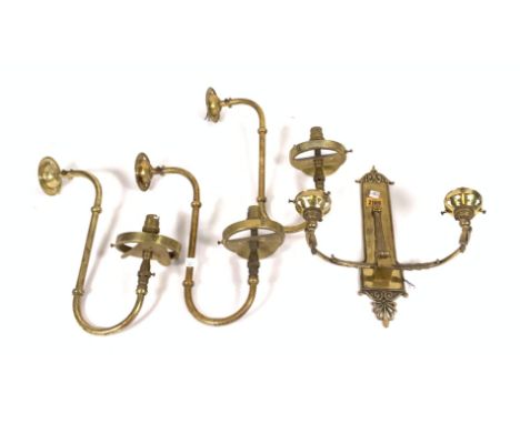 A REGENCY STYLE BRASS TWO BRANCH WALL LIGHT (4)With glass shades, 32cm wide; 35cm high and three modern brass wall lights, 32