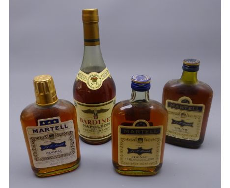 Three J &amp; F Martell three Star Cognac, 12floz 70 and 40 proof, one no proof or contents given, all flat screw top bottles
