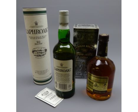 Laphroaig Single Islay Malt Scotch Whisky, 10 years old, with promo. leaflet in tube, and Chivas Regal Premium Scotch Whisky,