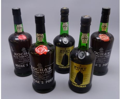 Three Rocha's Old Tawny Port, 262/3floz 20%-765cl, Sandeman Fine Ruby and Fine Tawny Port, 70cl no proof given, 5btls