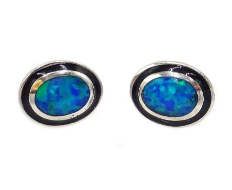 Pair of silver oval opal stud earrings, stamped 925