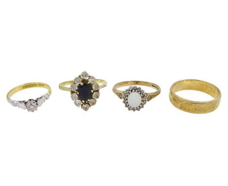 18ct gold single stone diamond ring, 14ct gold paste stone set ring, 9ct gold opal and diamond chip ring and a 9ct gold weddi