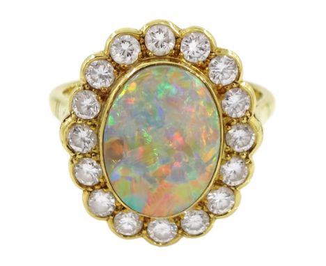 18ct gold oval opal and diamond cluster ring, hallmarked, opal approx 13.5mm x 10mm, total diamond weight approx 1.00 carat