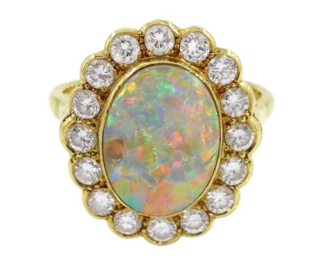 18ct gold oval opal and diamond cluster ring, hallmarked, opal approx 13.5mm x 10mm, total diamond weight approx 1.00 carat