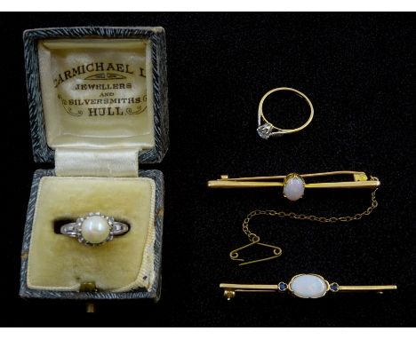 Gold diamond ring, with diamond set shoulders, stamped 18ct Plat, gold opal bar brooch stamped 15ct, gold opal and sapphire b