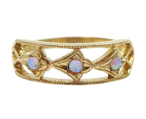 9ct gold three stone opal ring, hallmarked