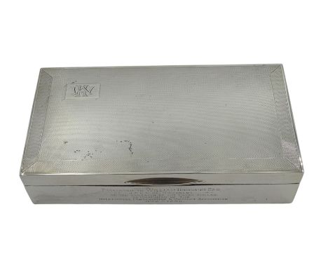 Silver rectangular table cigarette/cigar presentation box, with engine turned decoration by William Suckling Ltd, Birmingham 