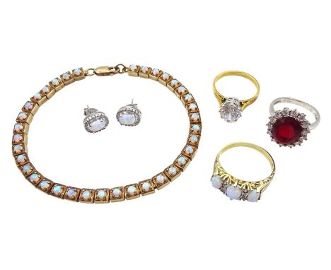 Collection of silver and silver-gilt jewellery including opal link bracelet, pair of opal stud earrings, stone set ring, opal