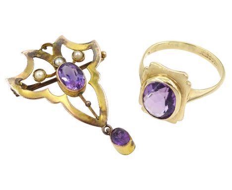 Gold amethyst ring and an early 20th century amethyst and split pearl brooch, both 9ct hallmarked or stamped