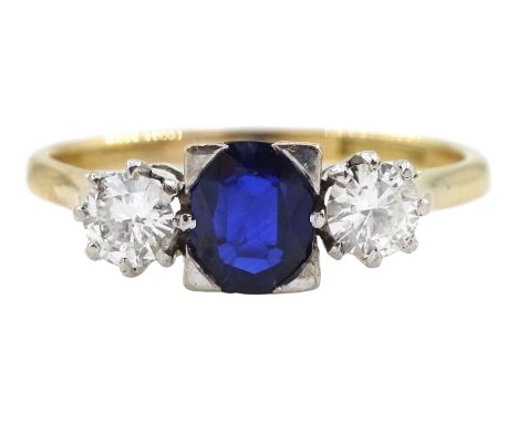 Gold three stone oval sapphire and round brilliant cut diamond ring, stamped 18ct &amp; Plat, sapphire approx 0.65 carat, tot