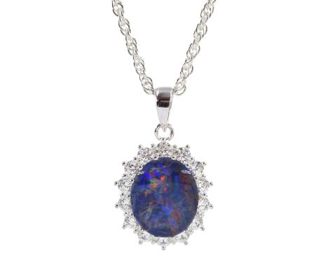 Silver opal triplet and cubic zirconia pendant necklace, stamped 925