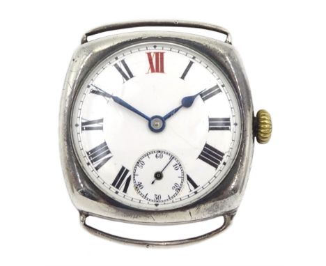 Rolex early 20th century silver manual wind lever wristwatch, white enamel dial with Roman numerals and red XII, square case 