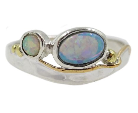 Silver and 14ct gold wire two stone opal ring, stamped 925