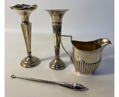 A collection of 4 silver hall marked items; Silver hallmarked Birmingham small cream jug, silver hallmarked fluted vases alon