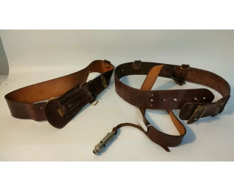 British military army whistle with makers J Hudson &amp; co Birmingham together with two vintage Sam browne belts 