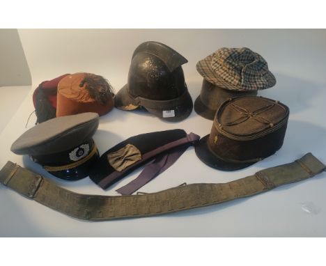Vintage military &amp; collectables hats; to include antique fireman's hat, military officers hat &amp; belt 
