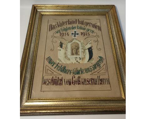 World war one period German commemorative stitched panel with medal and portrait of officer in fitted frame [47x56cm] 