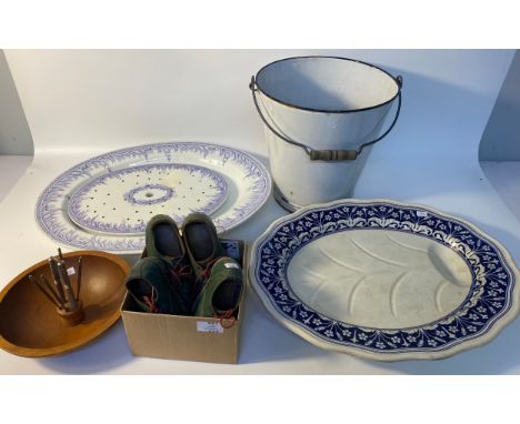 Large enamel pale, Two Victorian platters, mid century nut cracker bowl &amp; selection of antique child's shoes 