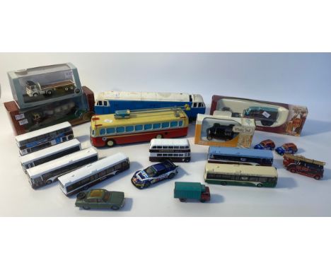 Collection of vintage model; to include a model of blue flier diesel loco, tin plate bus &amp; boxed models 