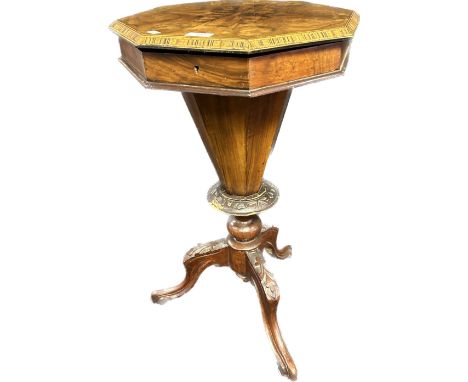 19th Century mahogany/walnut octagonal sewing box raised on tripod base.[72x43cm] 