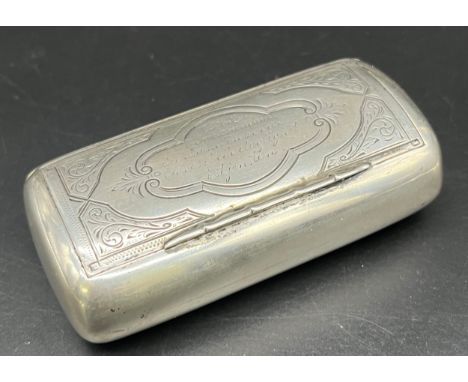 Antique Swedish silver snuff box. Engraving to the lid. [2.3x8.5x4cm] 