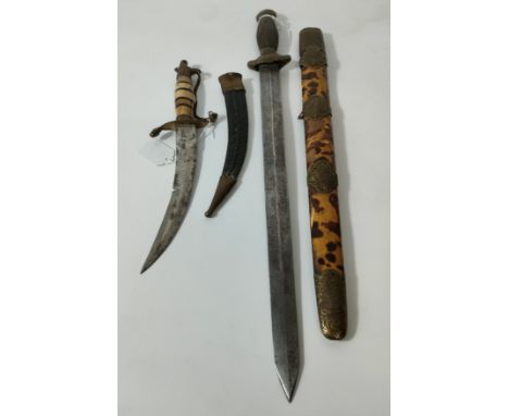 19th century Antique Chinese short sword with a tortoise shell and brass scabbard together with Indian- Sikh Kirpan Dagger, d