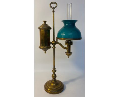 19th Century brass rise &amp; fall oil lamp with fitted funnel with shade [56cm] 