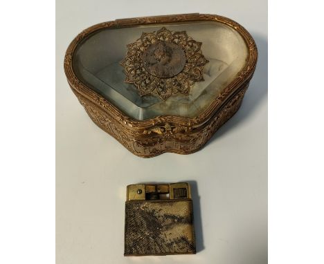 French cast antique box along with a collectable brass lighter [12x5cm] 