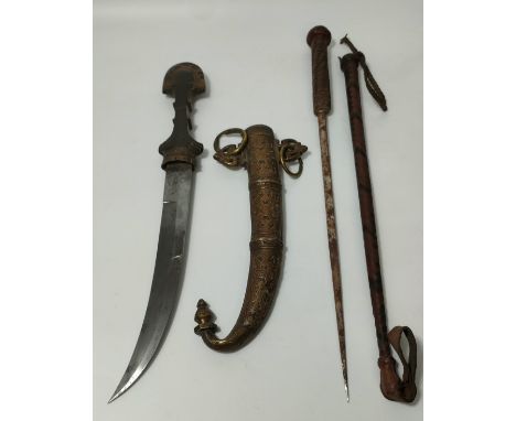 An eastern ceremonial dagger with brass fitted scabbard along with an antique horse crop with secret dagger [46x40.5cm] 