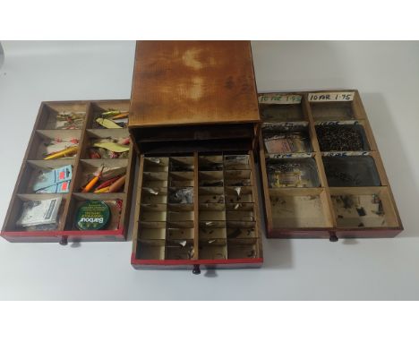 Antique fishing 3 drawer chest with a selection of vintage fishing lures &amp; devon Minos 